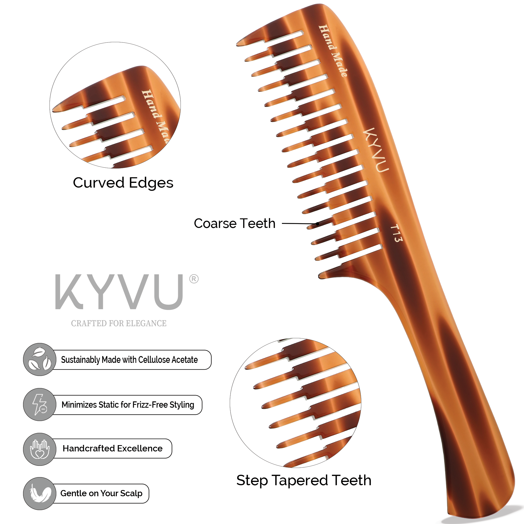 Handmade 21.8 cm Step-Tapered Wide Styling Comb (T13)