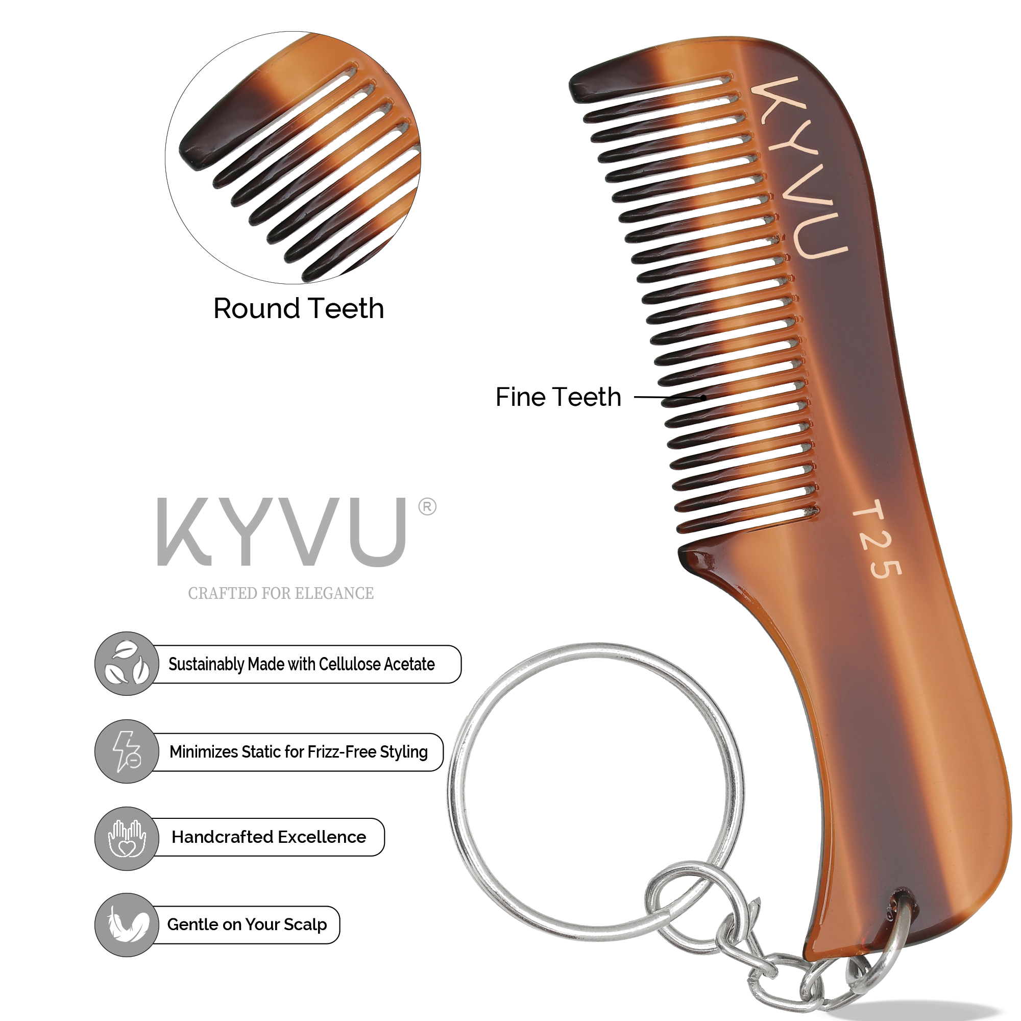 KYVU T25 cellulose acetate moustache comb with keyring fine teeth zoom, sustainably made handcrafted smooth glide tortoiseshell