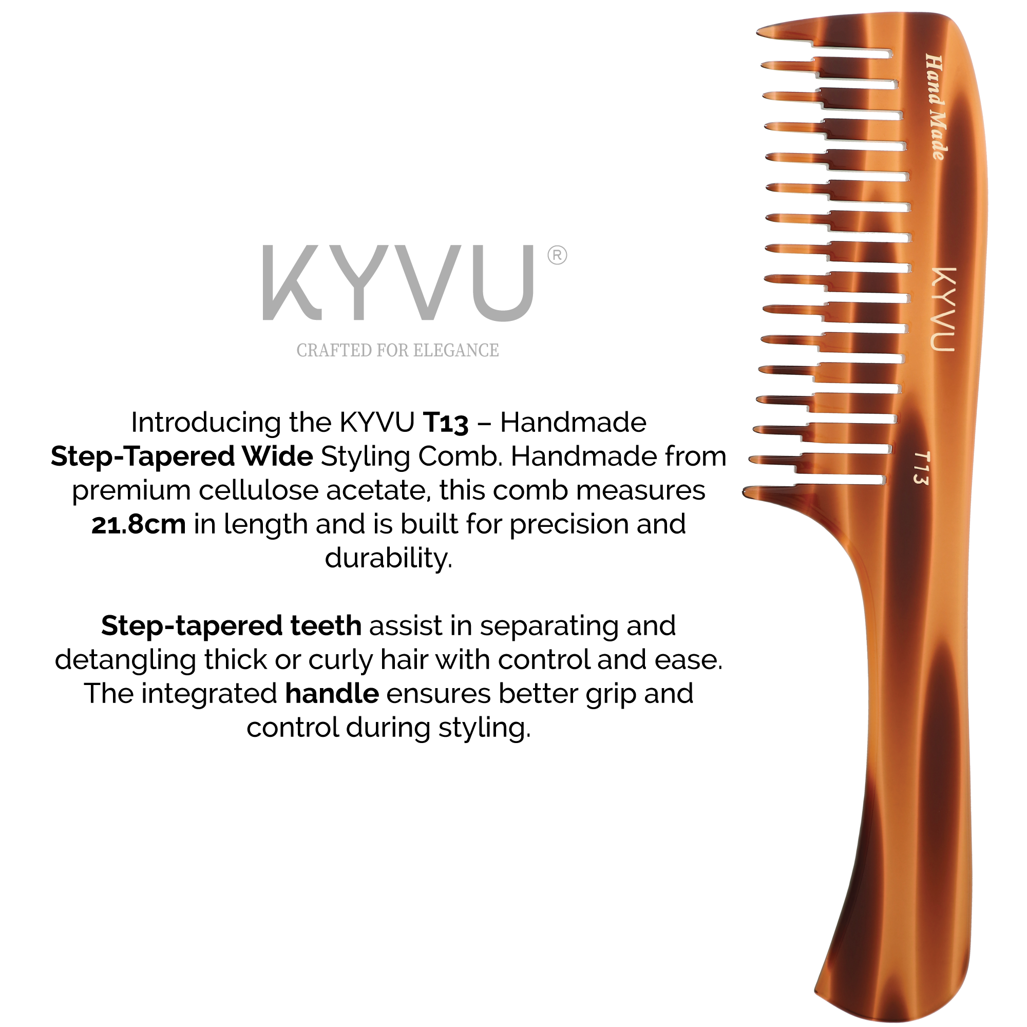 Handmade 21.8 cm Step-Tapered Wide Styling Comb (T13)