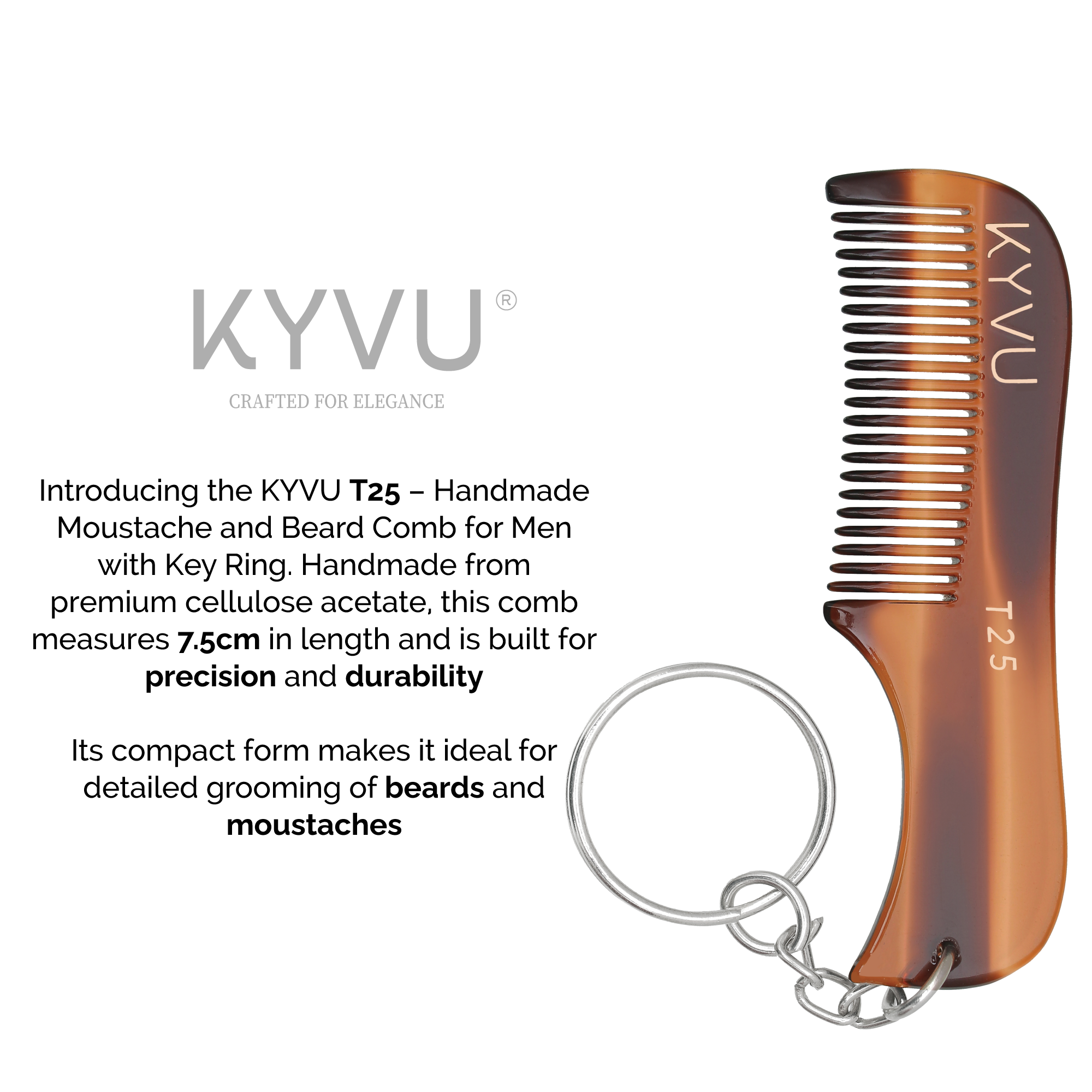 KYVU T25 tortoiseshell moustache comb with keyring vertical 7.5cm 7g weight, cellulose acetate anti-static fine teeth