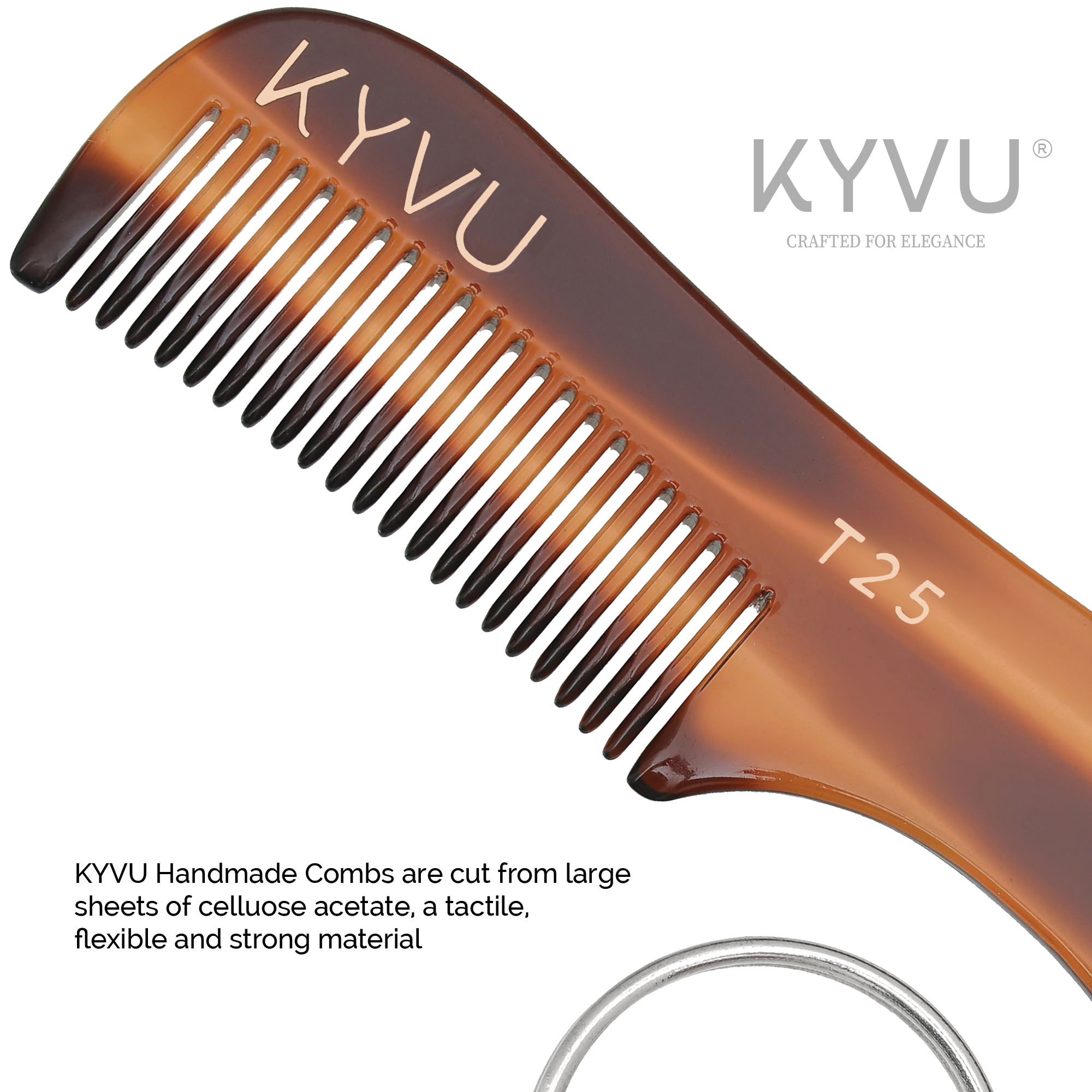 KYVU T25 tortoiseshell moustache comb teeth closeup with keyring, made from cellulose acetate sheets flexible strong material