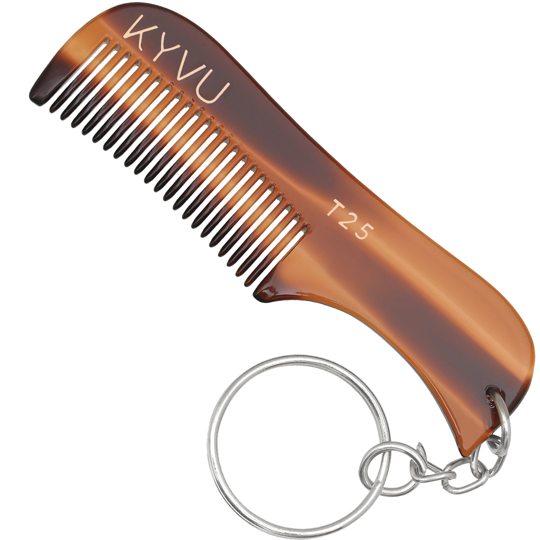 KYVU T25 handmade tortoiseshell moustache comb with keyring 7.5cm fine teeth