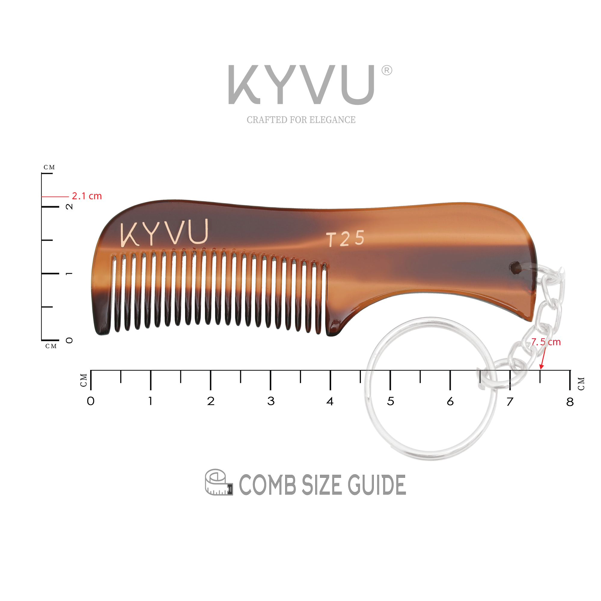 KYVU T25 tortoiseshell moustache comb size guide 7.5cm length 2.1cm width with keyring